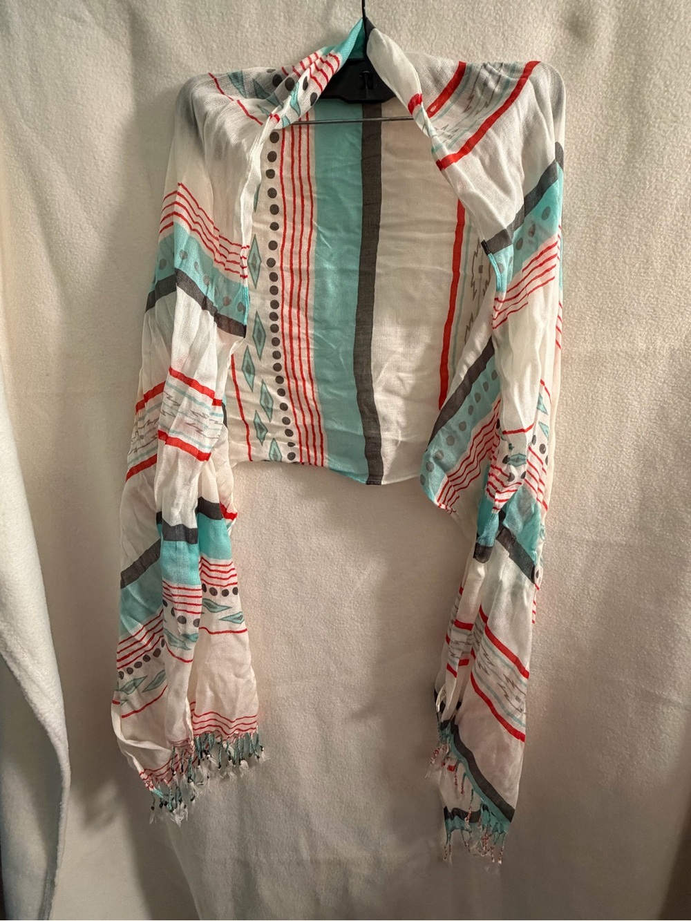 Lightweight White Scarf with Turquoise & Red Stripe Print